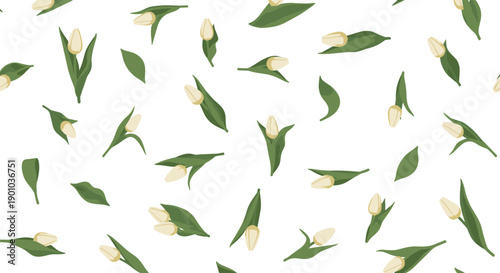 Simple and elegant seamless pattern of scattered white tulip buds and fresh green leaves randomly arranged on a clean white background for a fresh feel.