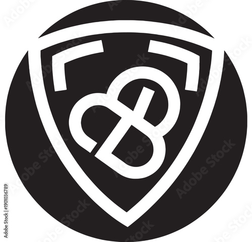 Shield security icon with chain link symbol inside, black and white flat vector badge for cybersecurity protection, privacy, secure connection and safety app UI