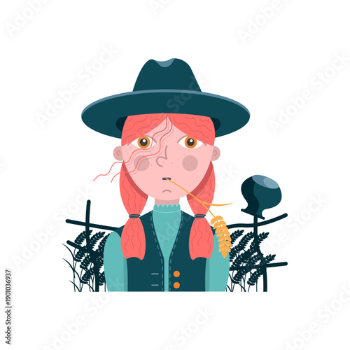 Illustration of a female farmer character wearing wide brim hat and jacket, front view portrait with braided hair, plants and rural farm environment in background