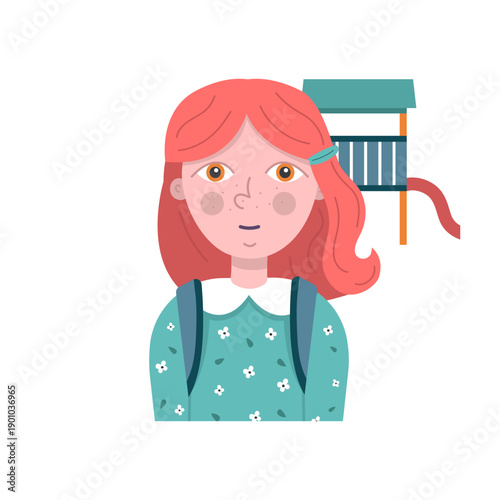 Illustration of a girl child character with red hair wearing dress, front view portrait with playground slide structure in background