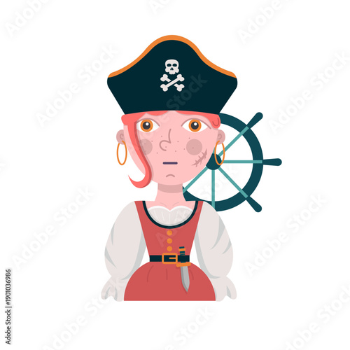 Illustration of a female pirate character wearing pirate hat and vest, front view portrait with ship steering wheel behind her