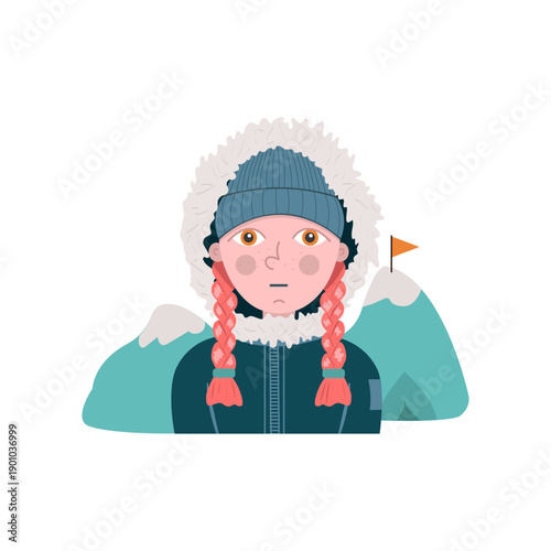 Illustration of a girl character wearing winter hat and jacket, front view portrait with braided hair, mountains in background and small flag