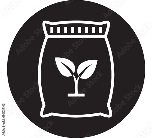 Bag fertilizer icon with sprout plant symbol, black and white minimal silhouette in circular badge, agriculture and gardening logo, flat vector pictogram
