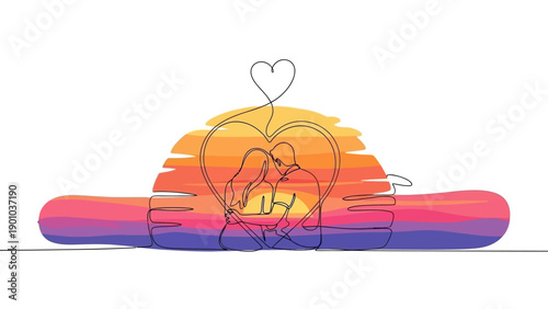 loving couple hug heart shape sunset