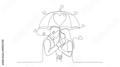couple kissing under heart umbrella