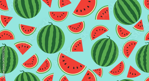 Colorful watermelon pattern with sliced and whole fruits.