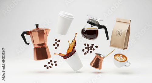 Coffee brewing methods and coffee makers in mid-air.