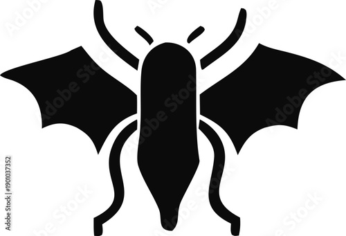 A sleek and stylized black silhouette of a bat in flight with outstretched wings and a detailed head shape