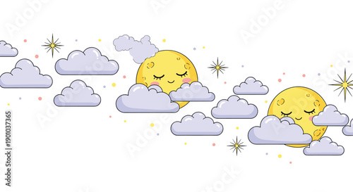 Cute seamless horizontal border for kids featuring a sleeping cartoon moon character nestled in fluffy clouds with twinkling stars on a white background.