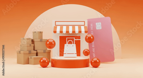 Online Shopping Storefront with Credit Card and Packages.