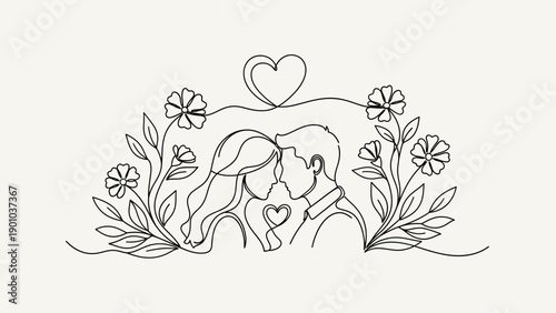 couple kissing, love heart, floral line art