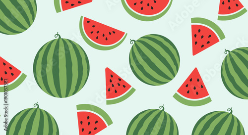 Seamless pattern of watermelon slices and whole watermelons on a light background.