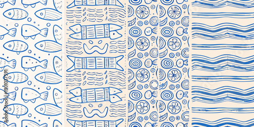 Blue and white patterned fabric with fish waves and circles