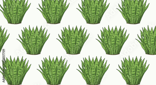 Simple seamless pattern of illustrated green sansevieria, or snake plants, arranged in neat rows on a plain, light off-white background.