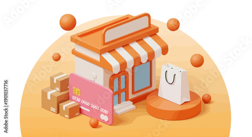 Online Shopping Storefront with Credit Card and Shopping Bag.
