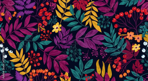 Vibrant floral pattern with colorful leaves and flowers on dark background.