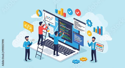 Team of developers working on coding and data analysis on a giant laptop.