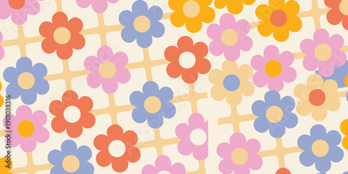 A colorful pattern of stylized flowers and grid lines
