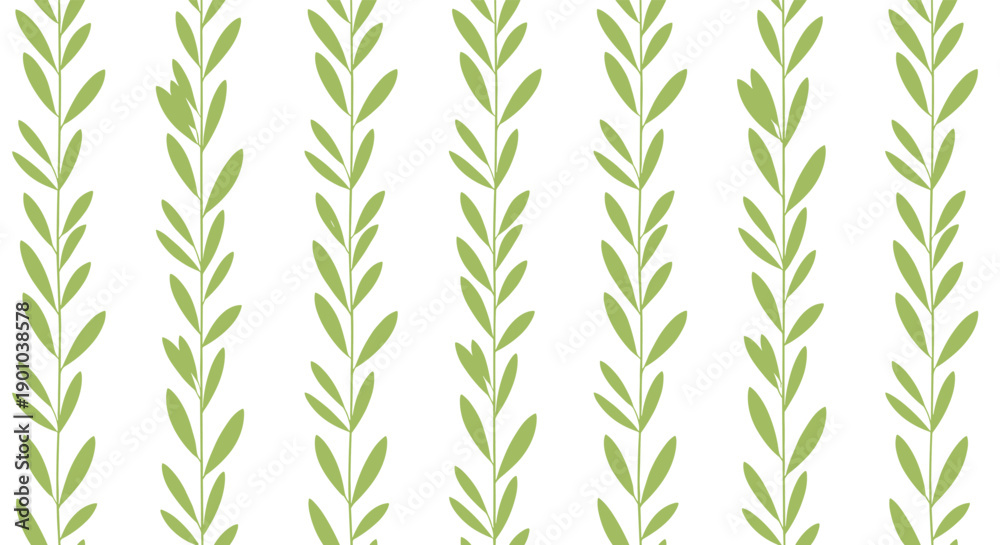Obraz premium Minimalist and modern seamless pattern of vertical green leafy stems arranged in simple, clean stripes on a plain white background.