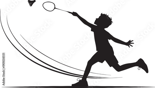 Boy Playing Badminton Silhouette, Dynamic Action Vector
