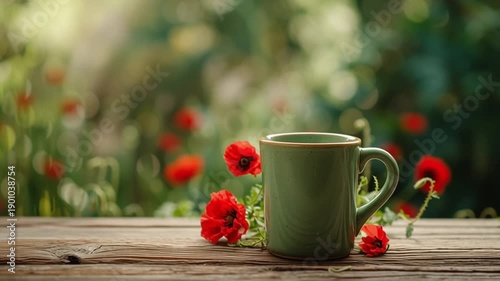 Wallpaper Mural Fondo abstracto con taza de cerámica verde encima de una mesa con espacio vacio a modo de expositor de madera en primer plano, amapolas rojas y fondo borroso verde de naturaleza Torontodigital.ca