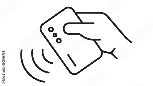 Smartphone contactless payment icon with hand holding mobile device and NFC signal waves, minimal black outline line art for fintech, POS checkout and tap to pay UI