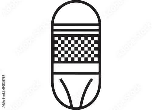 Bandage adhesive plaster icon with checkered gauze pad and rounded ends, bold black outline pictogram isolated on white for medical first aid UI design