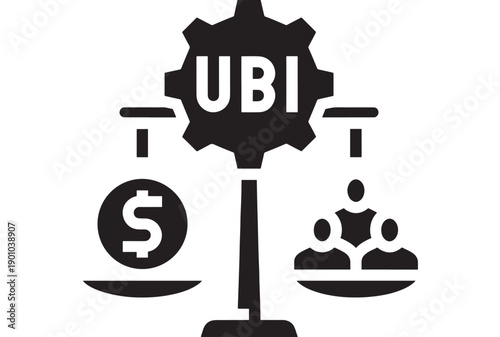 UBI universal basic income icon with balance scale comparing money coin and people group, minimal black silhouette pictogram for welfare policy, equality and social support