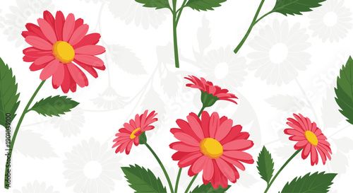 A bright and cheerful floral background illustration featuring vibrant pink gerbera daisies with green stems and leaves on a clean white background.