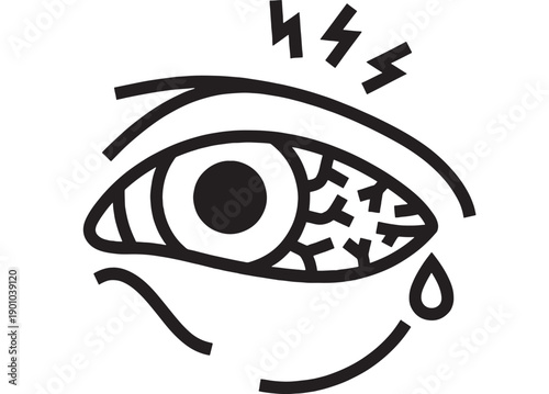 Eye sore pain icon with lightning symbols, teardrop and irritated veins, black outline pictogram for ophthalmology, dryness, allergy, inflammation and fatigue