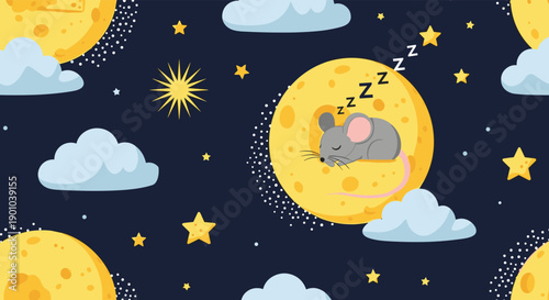 Adorable seamless night sky pattern for children with a cute mouse sleeping on a crescent moon, surrounded by clouds and stars.