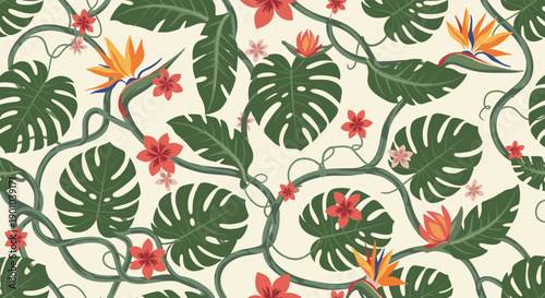 Exotic seamless tropical pattern with monstera leaves, bird of paradise flowers, and climbing vines on a light cream-colored background.