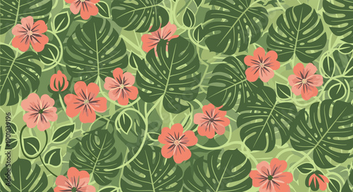 A dense and vibrant seamless pattern of green monstera leaves intertwined with climbing vines and pretty pink flowers on a light green background.