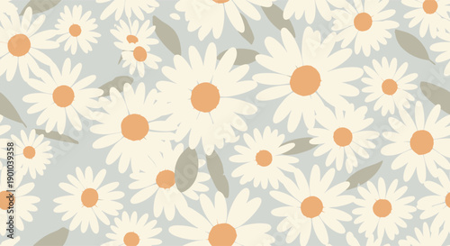 Lovely seamless pattern of hand-painted daisies in off-white and orange tones with muted green leaves on a dusty blue background.