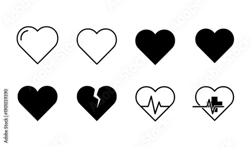 Minimal black heart outline and silhouette vector icons