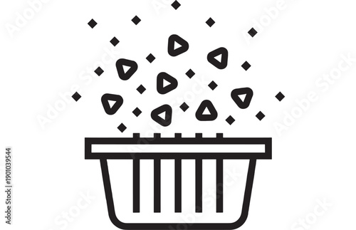 Trash bin icon with falling confetti and geometric shapes, minimal black outline pictogram for delete, cleanup, remove files, recycling, waste management UI symbol