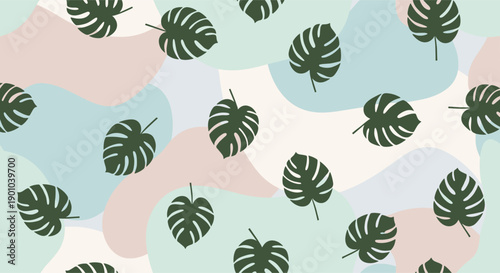 Simple seamless pattern of scattered dark green monstera leaves on a modern abstract background of pastel blue, pink and beige.