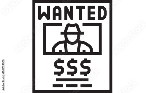 Poster wanted notice icon with cowboy silhouette and reward money symbols, minimal black line pictogram for bounty hunter, crime alert, sheriff office sign design