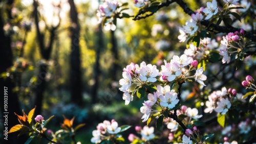 Vibrant cherry blossoms in sunlit spring forest.
