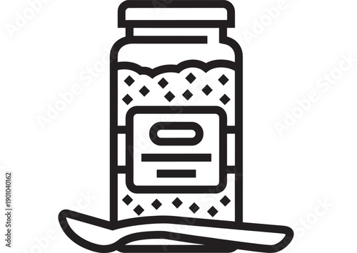 Jar jam icon with spoon and labeled glass container, bold black outline line art, minimal flat design for food packaging, kitchen app UI, recipe labels and grocery symbols