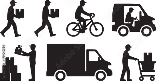 Various delivery methods and logistics workers transporting packages and goods