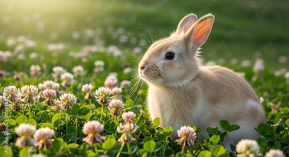 Fototapeta premium Adorable Bunny in Clover Field.