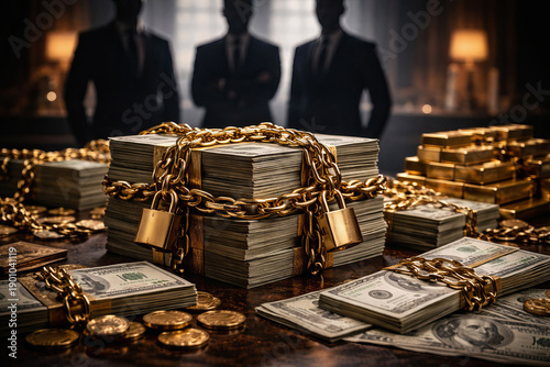 Wealth control concept with locked money stacks.