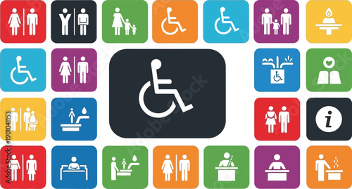 Accessibility Icons: A collection of various icons indicating accessibility services, designed to guide and inform individuals about available facilities and resources. 