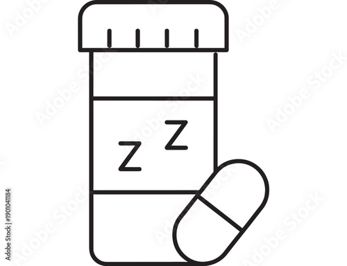 Pill bottle icon with capsule and sleeping Z symbols, minimalist black outline vector illustration for medicine, pharmacy, insomnia treatment, bedtime health app UI