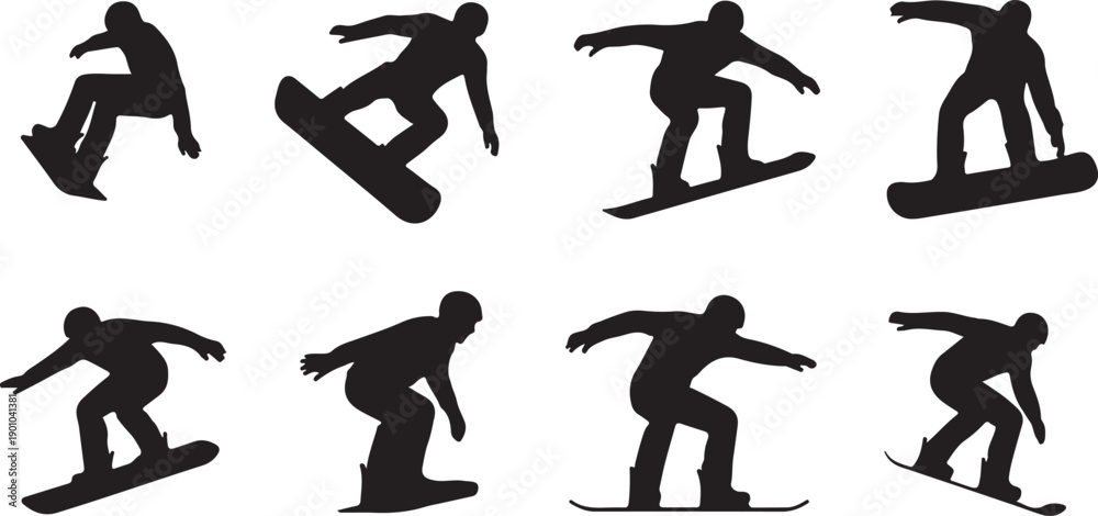Obraz premium Series of silhouette animations showing snowboarder performing various tricks and falls