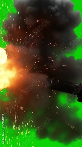 Variable Speed Effects with military cannon muzzle flash three speeds 4k 25p green screen for transparent background distortion, overlay, glitch, static noise, scan lines on black background, animated