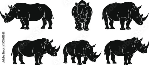 Black rhinoceros silhouettes collection showing multiple side, front and angled views, wildlife animal icon set isolated on white background for conservation, nature, safari design use
