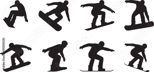 Series of silhouette animations showing snowboarder performing various tricks and falls