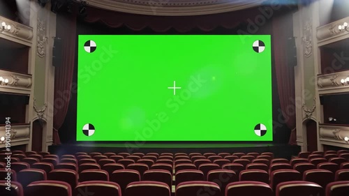 Architectural Visualization with beautiful wide screen in cinema hall moving through over the seats 3d animation lights green and tracking points art technology concept 4k ultra hd 3840x2160